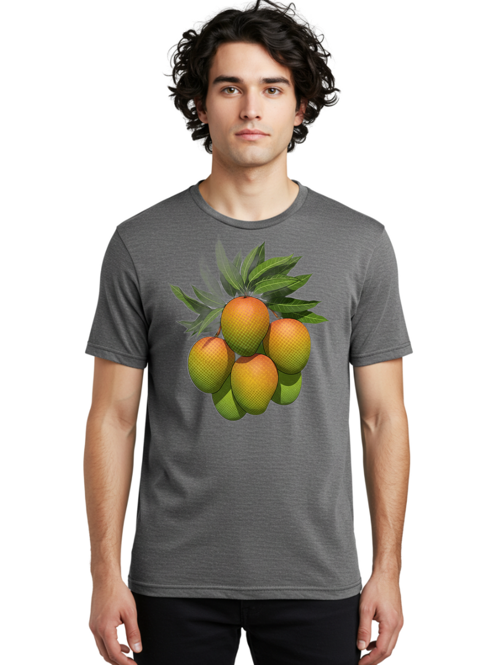 Mangoes Men'S Graphic Tee, 100% Cotton, Comfortable Casual Summer Wear, Machine Washable, Mangoes With Leaves, Tropical Fruit, Exotic Fruit, Fruit Cluster, Yellow-Orange Fruit, Green Leaves, Fruit Texture, Fruit Leaves, Vibrant Fruit Bac173