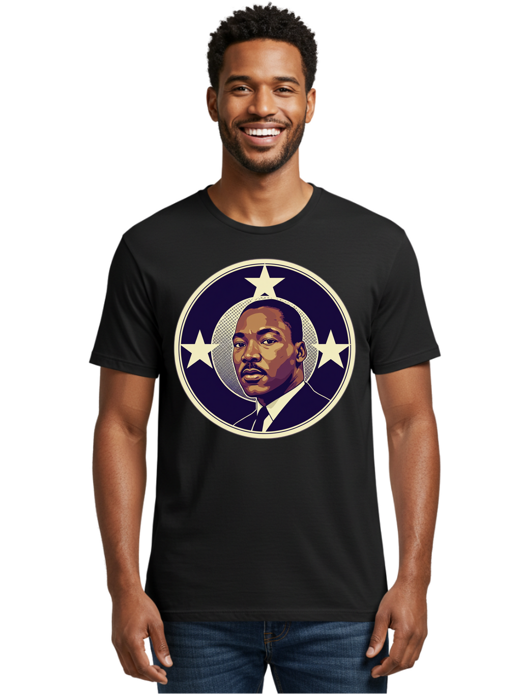 Martin-Luther-King-Jr-1 Men'S Graphic Tee, 100% Cotton, Comfortable Casual Summer Wear, Machine Washable, Martin Luther King Jr. Portrait, Civil Rights Leader, Three Stars, Circular Frame, Vintage Design, Iconic Figure, Inspirational Leader, Bac175