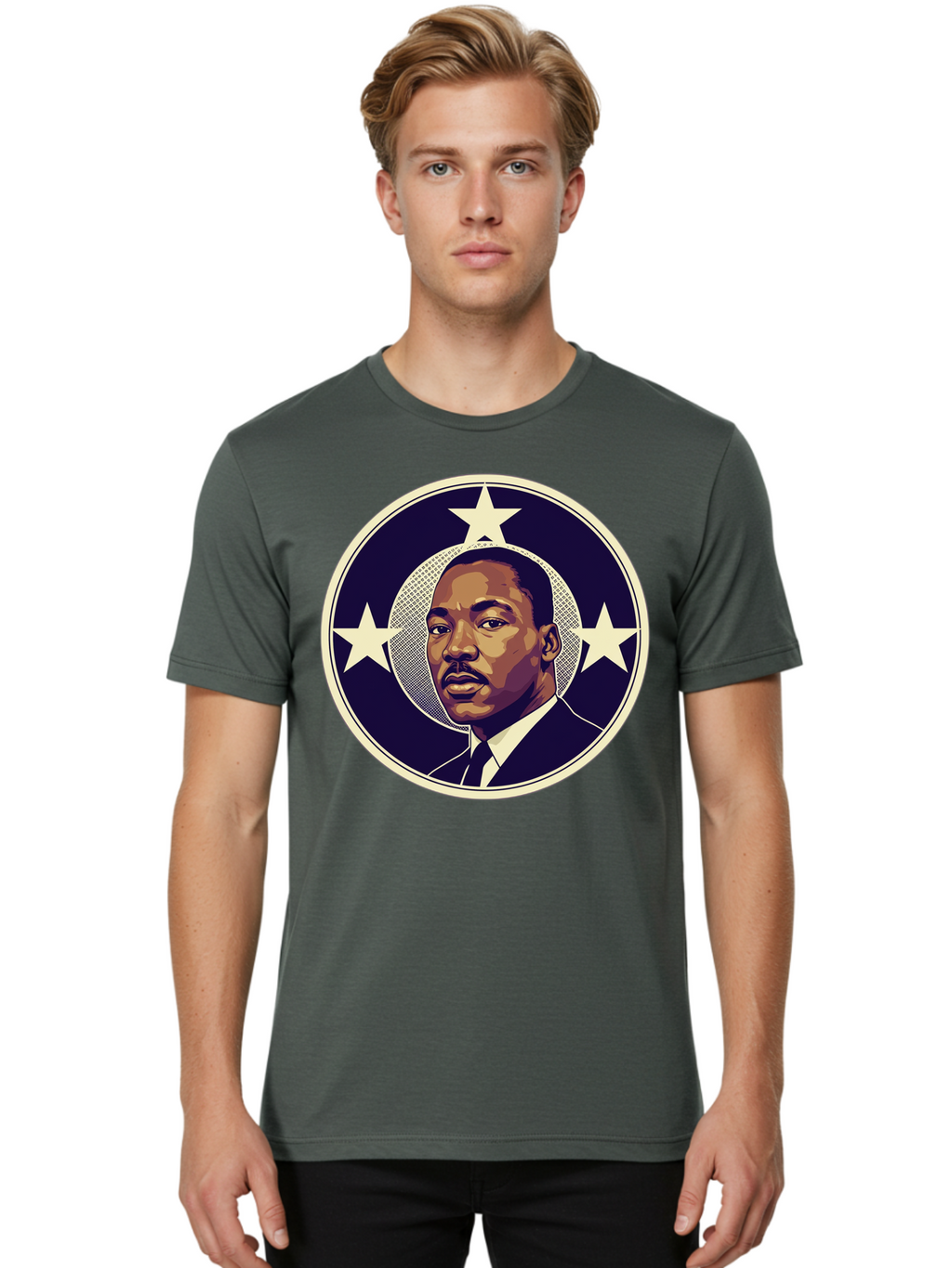 Martin-Luther-King-Jr-1 Men'S Graphic Tee, 100% Cotton, Comfortable Casual Summer Wear, Machine Washable, Martin Luther King Jr. Portrait, Civil Rights Leader, Three Stars, Circular Frame, Vintage Design, Iconic Figure, Inspirational Leader, Bac175