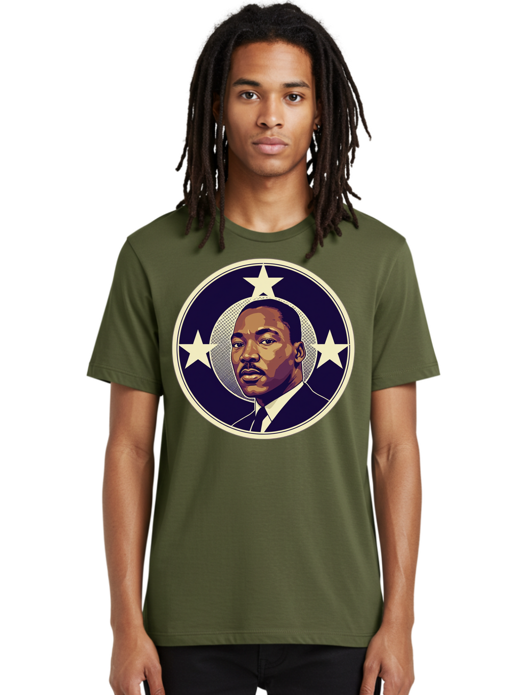 Martin-Luther-King-Jr-1 Men'S Graphic Tee, 100% Cotton, Comfortable Casual Summer Wear, Machine Washable, Martin Luther King Jr. Portrait, Civil Rights Leader, Three Stars, Circular Frame, Vintage Design, Iconic Figure, Inspirational Leader, Bac175