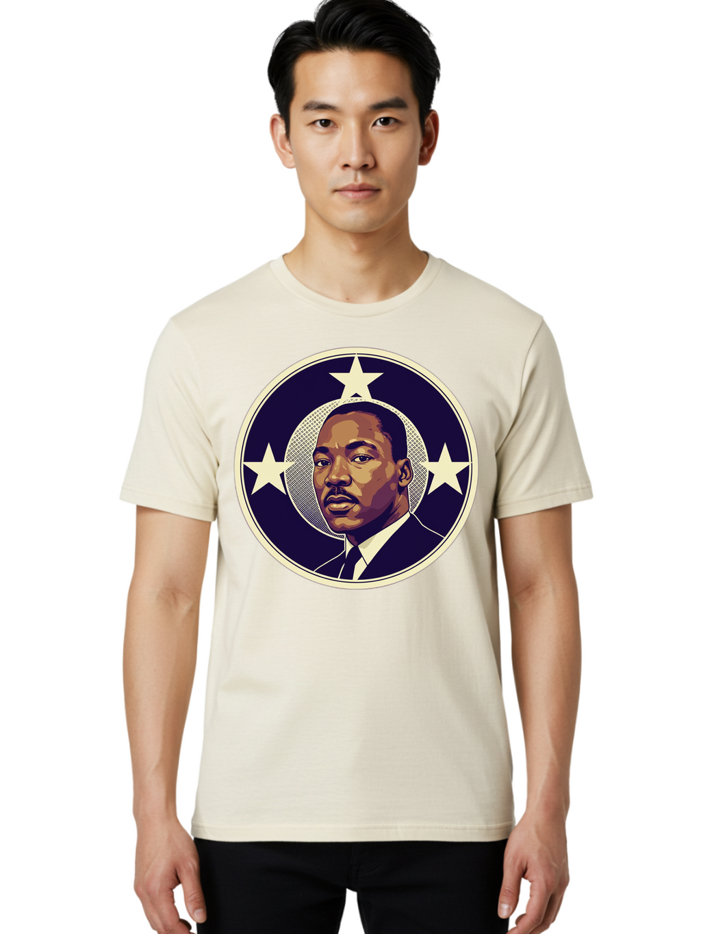 Martin-Luther-King-Jr-1 Men'S Graphic Tee, 100% Cotton, Comfortable Casual Summer Wear, Machine Washable, Martin Luther King Jr. Portrait, Civil Rights Leader, Three Stars, Circular Frame, Vintage Design, Iconic Figure, Inspirational Leader, Bac175