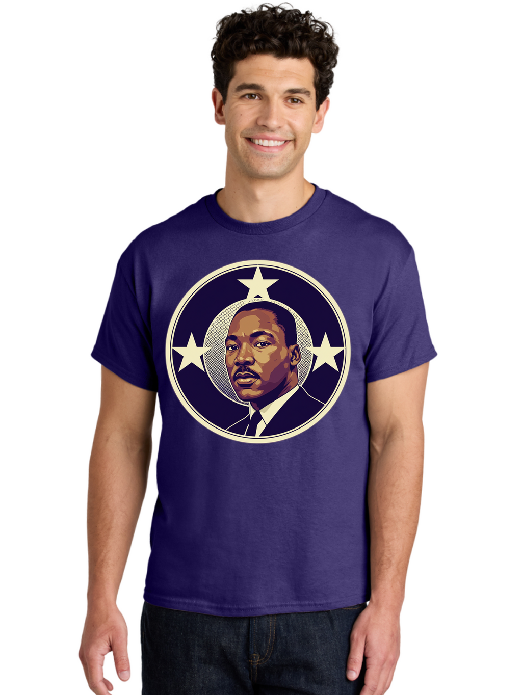 Martin-Luther-King-Jr-1 Men'S Graphic Tee, 100% Cotton, Comfortable Casual Summer Wear, Machine Washable, Martin Luther King Jr. Portrait, Civil Rights Leader, Three Stars, Circular Frame, Vintage Design, Iconic Figure, Inspirational Leader, Bac175