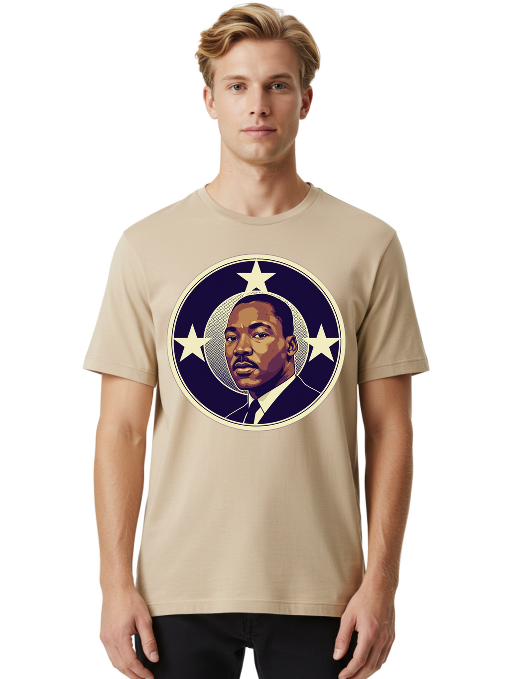 Martin-Luther-King-Jr-1 Men'S Graphic Tee, 100% Cotton, Comfortable Casual Summer Wear, Machine Washable, Martin Luther King Jr. Portrait, Civil Rights Leader, Three Stars, Circular Frame, Vintage Design, Iconic Figure, Inspirational Leader, Bac175