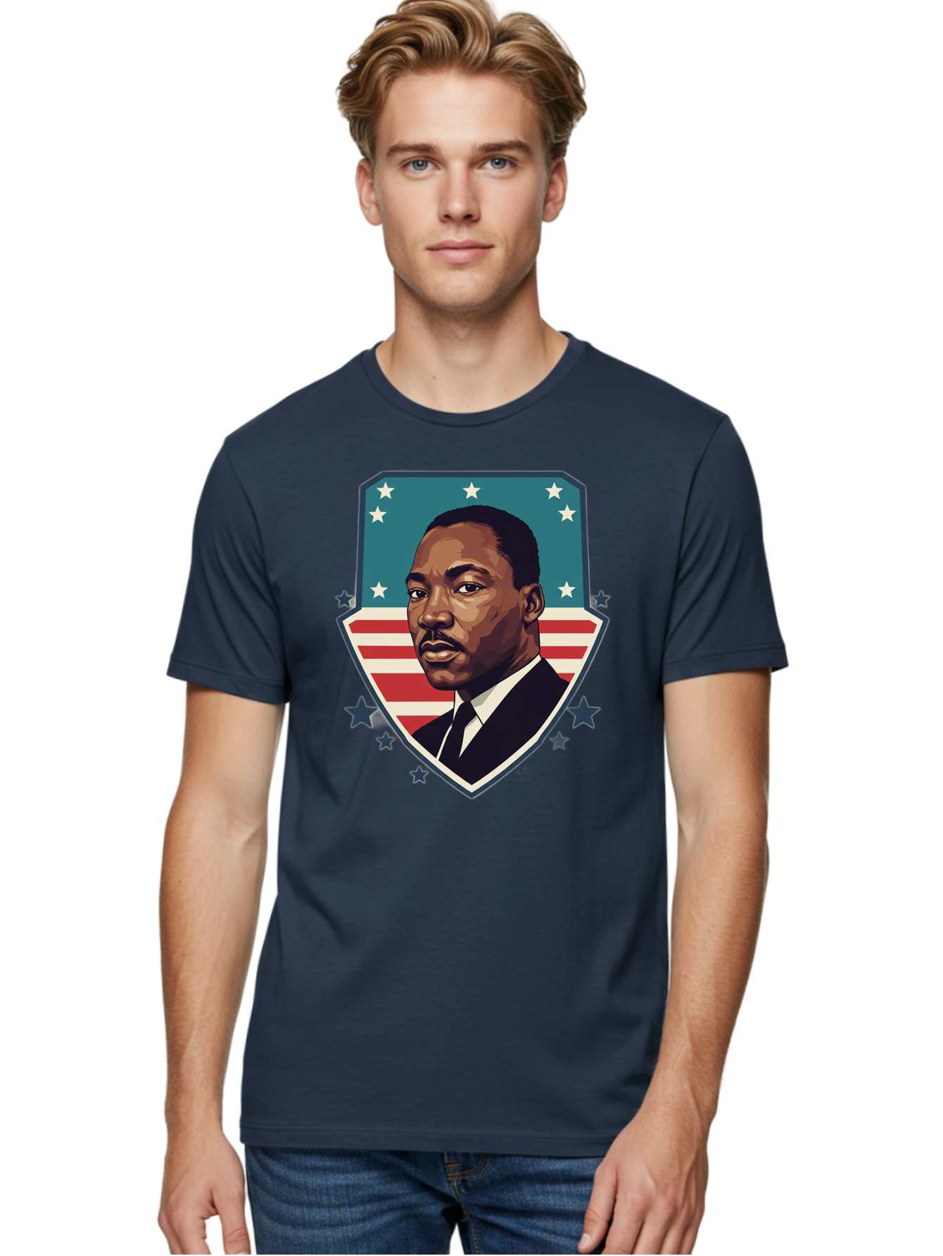 Martin-Luther-King-Jr-3 Men'S Graphic Tee, 100% Cotton, Comfortable Casual Summer Wear, Machine Washable, Martin Luther King Jr. Portrait, American Flag, Patriotic Graphic, Civil Rights Leader, Freedom Fighter, Social Justice, Equality, Bac177