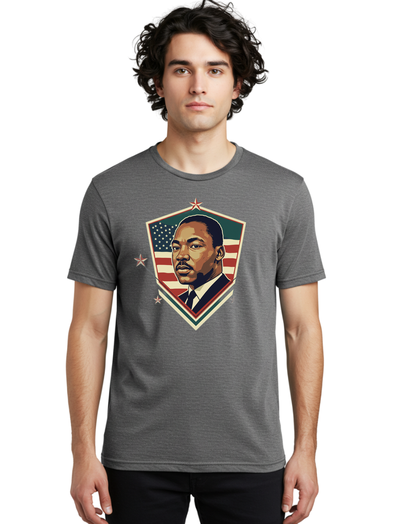 Martin-Luther-King-Jr-Shield Men'S Graphic Tee, 100% Cotton, Comfortable Casual Summer Wear, Machine Washable, Martin Luther King Jr. Portrait, American Flag, Patriotic Symbol, Civil Rights Leader, Iconic Figure, Freedom Fighter, Bac178