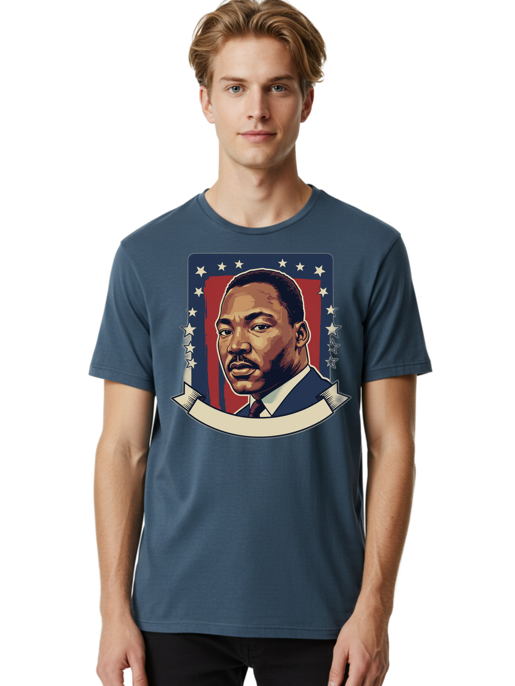 Martin-Luther-King Men'S Graphic Tee, 100% Cotton, Comfortable Casual Summer Wear, Machine Washable, Martin Luther King Jr. Portrait, Civil Rights Leader, Patriotic Illustration, Red White And Blue, Stars And Stripes, Inspirational Quote, Bac180