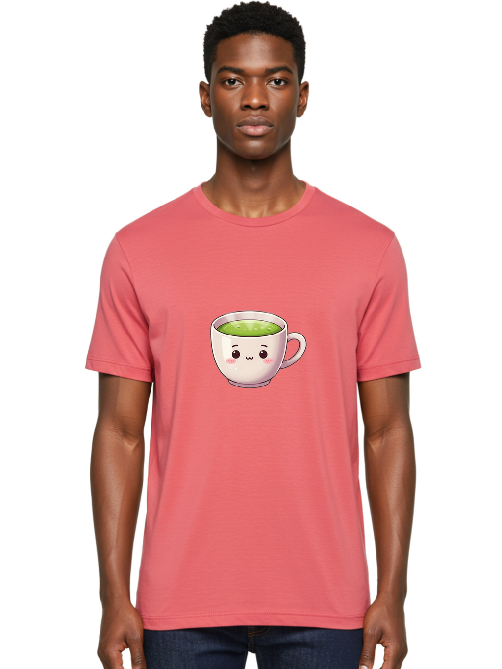 Matcha-Tea-Cup Men'S Graphic Tee, 100% Cotton, Comfortable Casual Summer Wear, Machine Washable, Matcha Tea, Cute Cartoon Character, Adorable Face, Kawaii Culture, Green Tea, Tea Time, Soothing Beverage, Lovely Design, Cheerful Expression Bac181