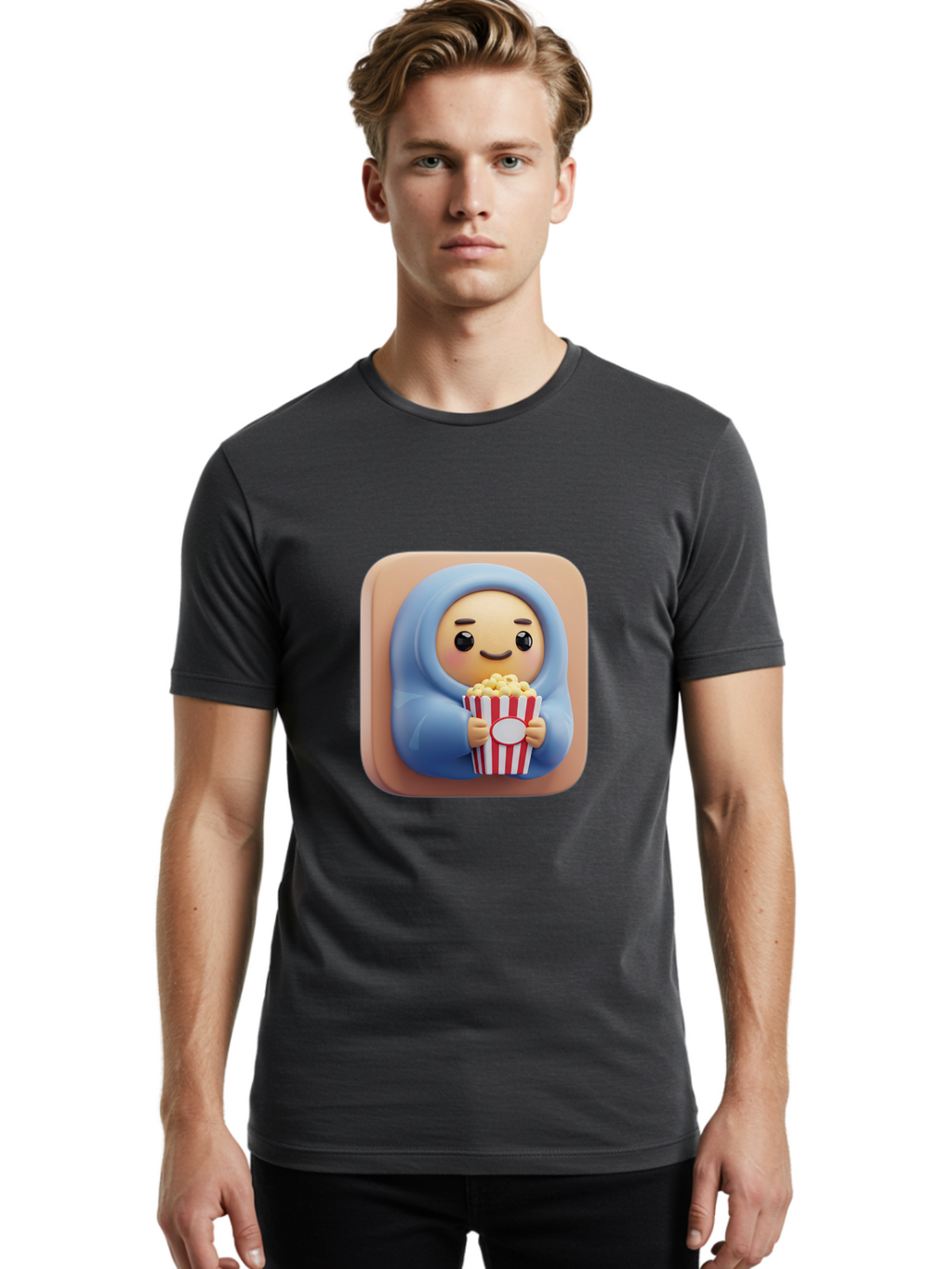 Melted-Face-Emoji Men'S Graphic Tee, 100% Cotton, Comfortable Casual Summer Wear, Machine Washable, Smiling Face, Happy Emoji, Popcorn Bucket, Red And White Stripes, Cartoon Character, Joyful Expression, Friendly Face, Fun Snack, Bac184