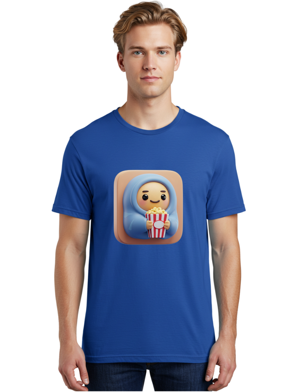 Melted-Face-Emoji Men'S Graphic Tee, 100% Cotton, Comfortable Casual Summer Wear, Machine Washable, Smiling Face, Happy Emoji, Popcorn Bucket, Red And White Stripes, Cartoon Character, Joyful Expression, Friendly Face, Fun Snack, Bac184