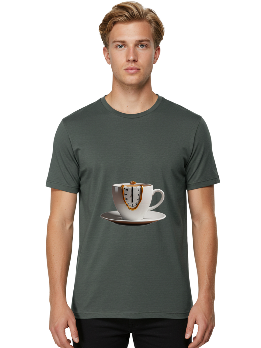 Melting-Clock-Coffee-Cup Men'S Graphic Tee, 100% Cotton, Comfortable Casual Summer Wear, Machine Washable, Surrealist Art, Melting Clock, White Porcelain Cup, Saucer, Clock Face, Salvador Dali, Gold Trim, Time Concept, Abstract Art, Bac185