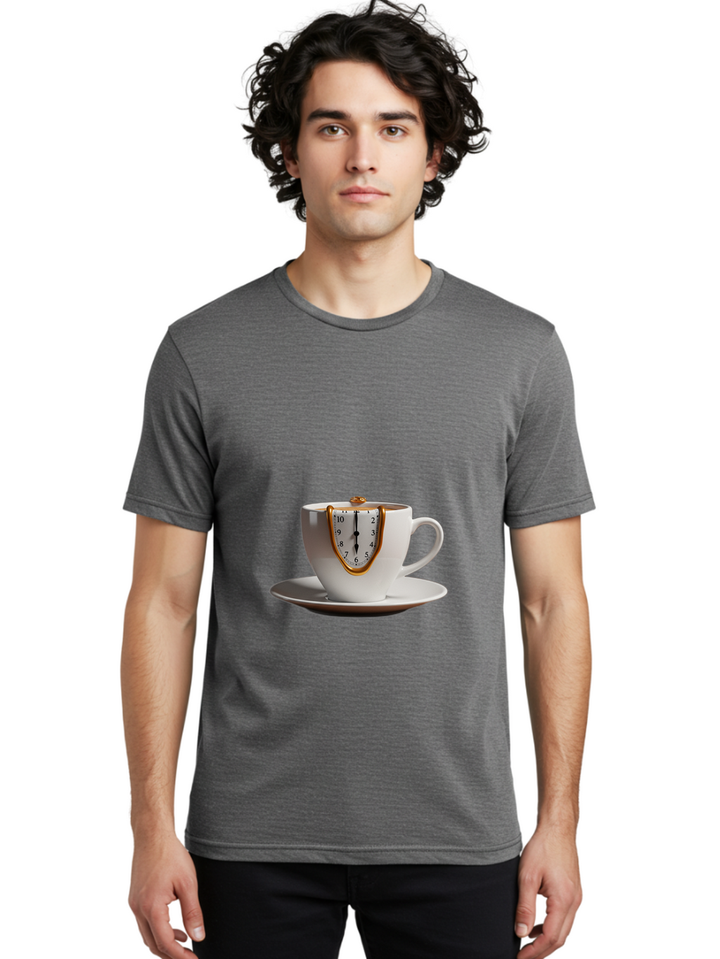 Melting-Clock-Coffee-Cup Men'S Graphic Tee, 100% Cotton, Comfortable Casual Summer Wear, Machine Washable, Surrealist Art, Melting Clock, White Porcelain Cup, Saucer, Clock Face, Salvador Dali, Gold Trim, Time Concept, Abstract Art, Bac185