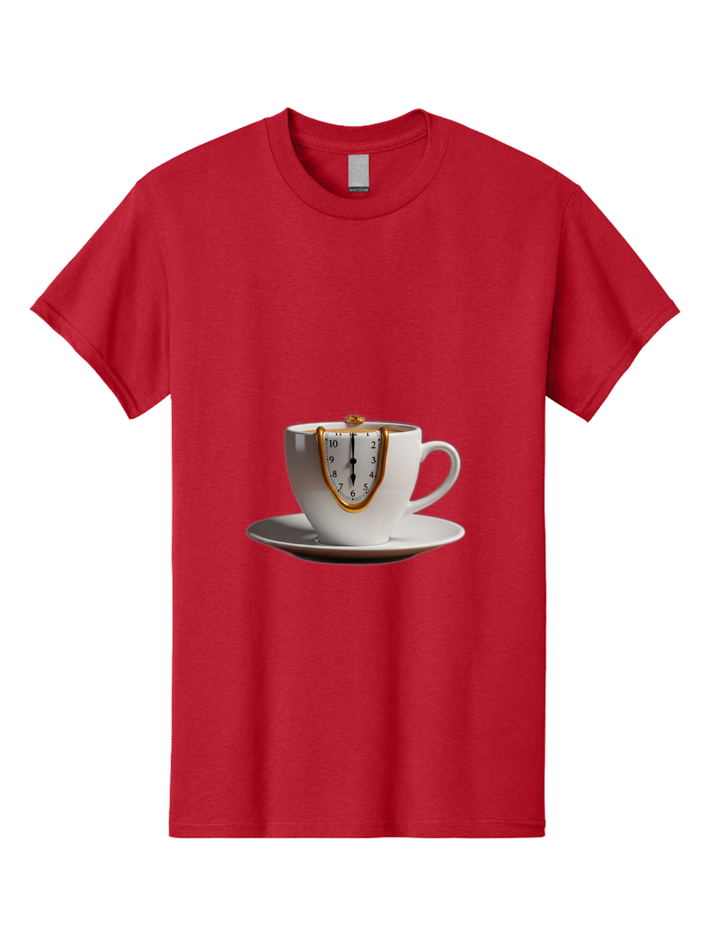 Melting-Clock-Coffee-Cup Men'S Graphic Tee, 100% Cotton, Comfortable Casual Summer Wear, Machine Washable, Surrealist Art, Melting Clock, White Porcelain Cup, Saucer, Clock Face, Salvador Dali, Gold Trim, Time Concept, Abstract Art, Bac185