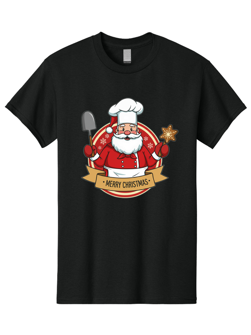 Merry-Christmas-Santa-1 Men'S Graphic Tee, 100% Cotton, Comfortable Casual Summer Wear, Machine Washable, Santa Claus As A Chef, Merry Christmas Banner, Gingerbread Star, Red And White Uniform, Snowflakes, Holiday Baking, Festive Season, Bac186