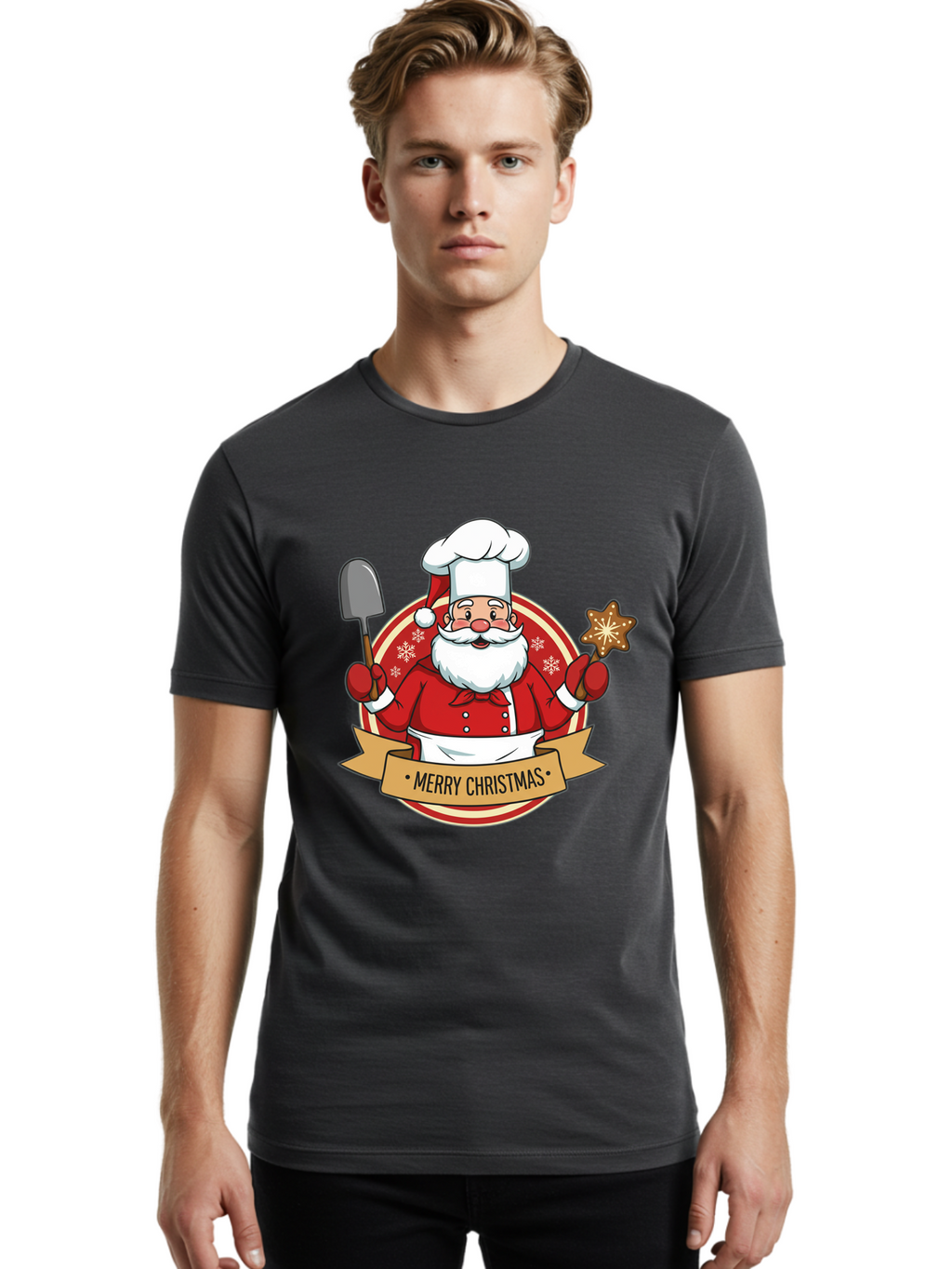 Merry-Christmas-Santa-1 Men'S Graphic Tee, 100% Cotton, Comfortable Casual Summer Wear, Machine Washable, Santa Claus As A Chef, Merry Christmas Banner, Gingerbread Star, Red And White Uniform, Snowflakes, Holiday Baking, Festive Season, Bac186