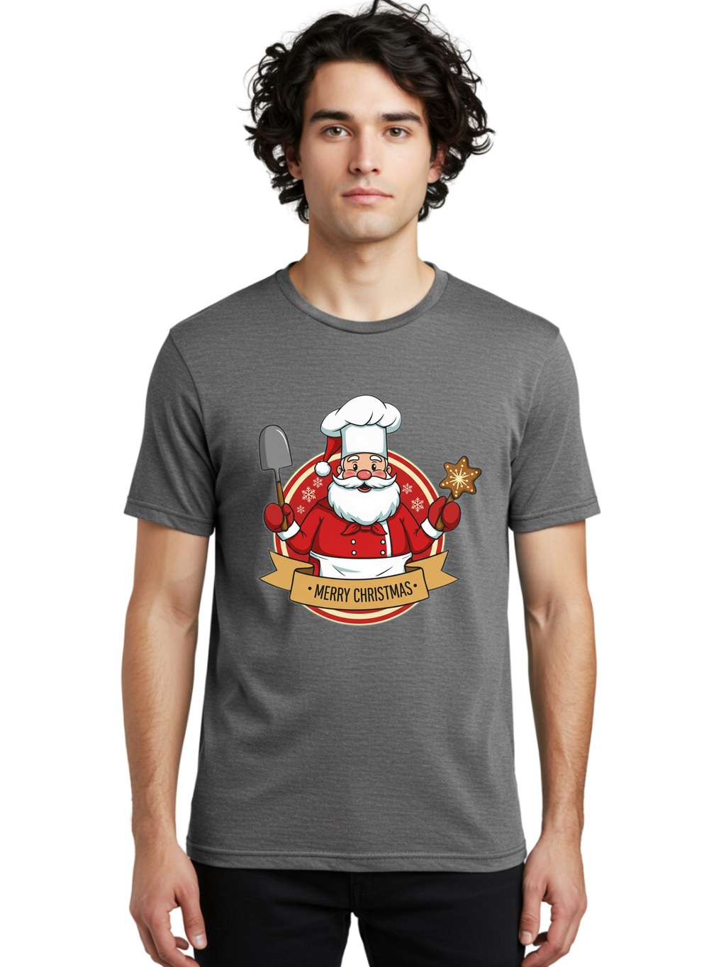 Merry-Christmas-Santa-1 Men'S Graphic Tee, 100% Cotton, Comfortable Casual Summer Wear, Machine Washable, Santa Claus As A Chef, Merry Christmas Banner, Gingerbread Star, Red And White Uniform, Snowflakes, Holiday Baking, Festive Season, Bac186