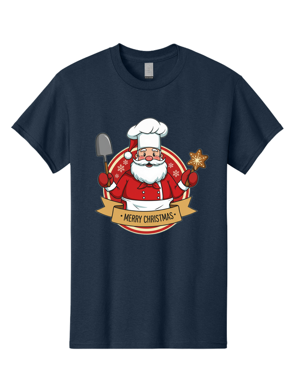 Merry-Christmas-Santa-1 Men'S Graphic Tee, 100% Cotton, Comfortable Casual Summer Wear, Machine Washable, Santa Claus As A Chef, Merry Christmas Banner, Gingerbread Star, Red And White Uniform, Snowflakes, Holiday Baking, Festive Season, Bac186