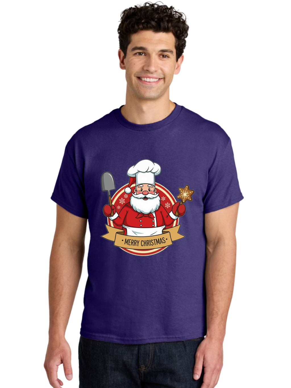 Merry-Christmas-Santa-1 Men'S Graphic Tee, 100% Cotton, Comfortable Casual Summer Wear, Machine Washable, Santa Claus As A Chef, Merry Christmas Banner, Gingerbread Star, Red And White Uniform, Snowflakes, Holiday Baking, Festive Season, Bac186