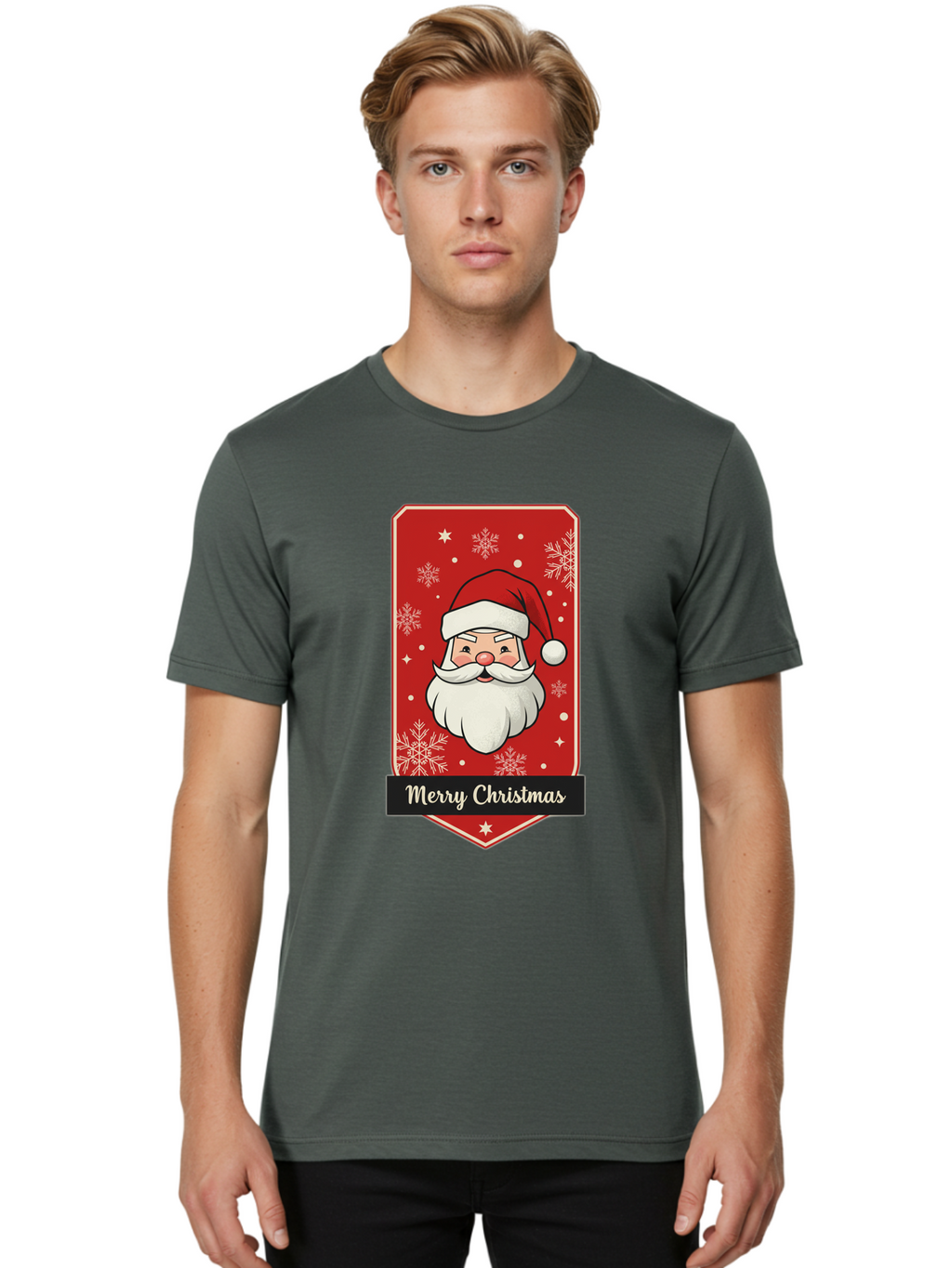 Merry-Christmas-Santa Men'S Graphic Tee, 100% Cotton, Comfortable Casual Summer Wear, Machine Washable, Christmas Badge, Merry Christmas, Santa Claus, Festive Design, Holiday Greeting, Cartoon Santa, Red And White, Snowflakes, Bac187