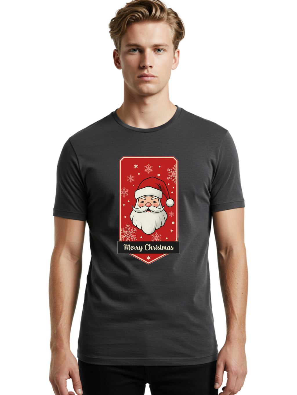 Merry-Christmas-Santa Men'S Graphic Tee, 100% Cotton, Comfortable Casual Summer Wear, Machine Washable, Christmas Badge, Merry Christmas, Santa Claus, Festive Design, Holiday Greeting, Cartoon Santa, Red And White, Snowflakes, Bac187