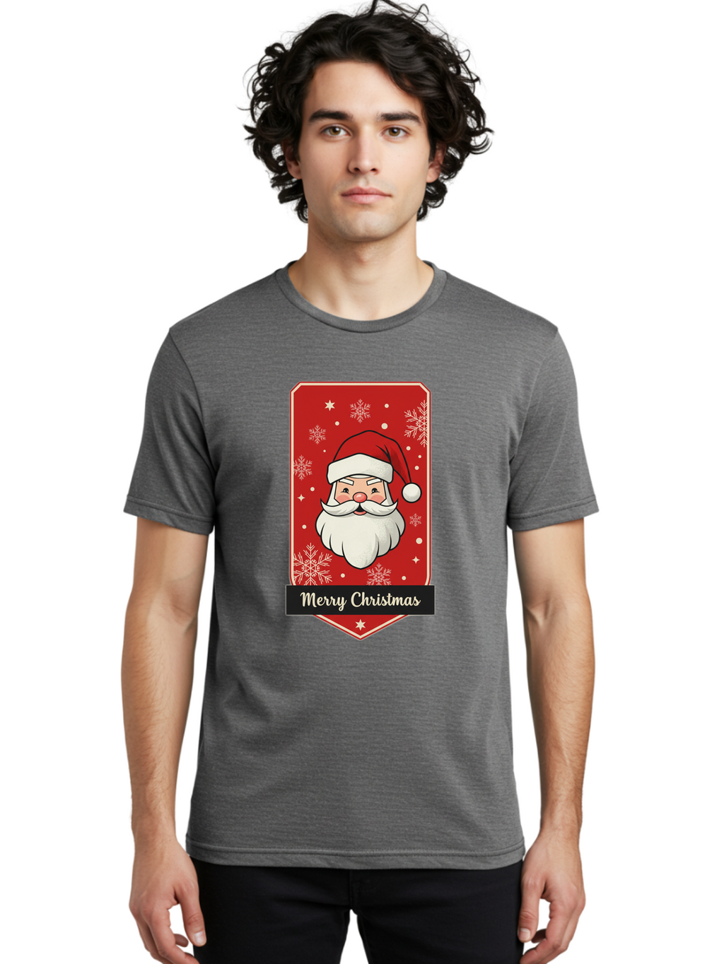 Merry-Christmas-Santa Men'S Graphic Tee, 100% Cotton, Comfortable Casual Summer Wear, Machine Washable, Christmas Badge, Merry Christmas, Santa Claus, Festive Design, Holiday Greeting, Cartoon Santa, Red And White, Snowflakes, Bac187