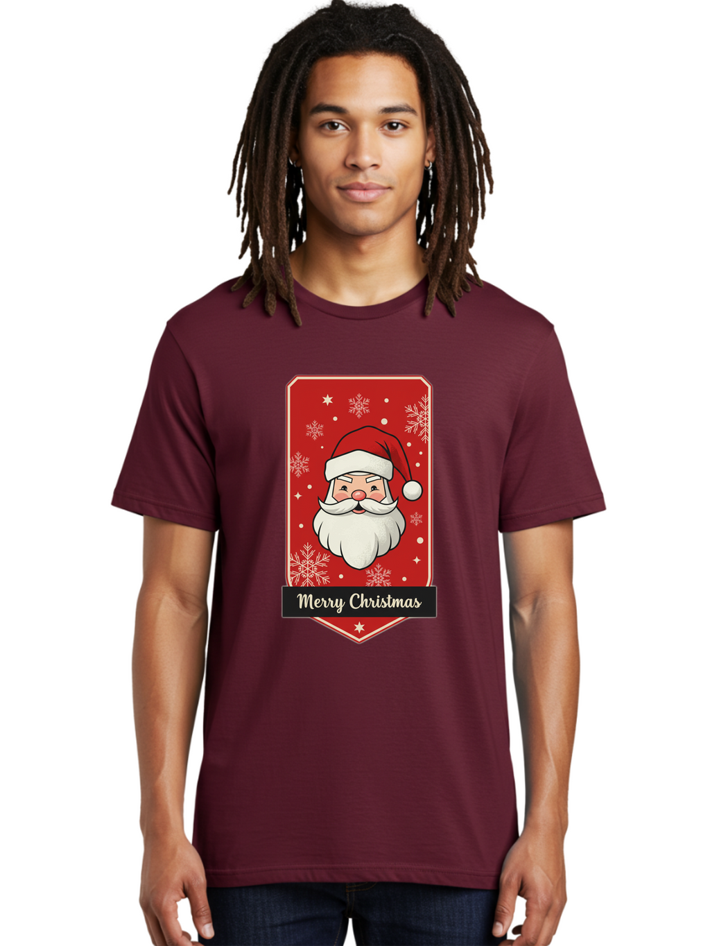 Merry-Christmas-Santa Men'S Graphic Tee, 100% Cotton, Comfortable Casual Summer Wear, Machine Washable, Christmas Badge, Merry Christmas, Santa Claus, Festive Design, Holiday Greeting, Cartoon Santa, Red And White, Snowflakes, Bac187