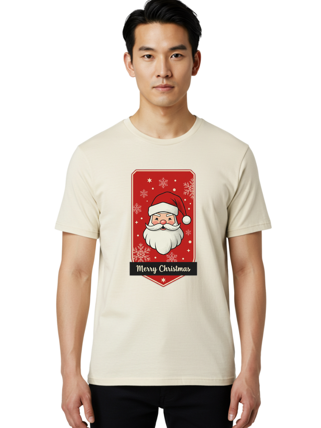 Merry-Christmas-Santa Men'S Graphic Tee, 100% Cotton, Comfortable Casual Summer Wear, Machine Washable, Christmas Badge, Merry Christmas, Santa Claus, Festive Design, Holiday Greeting, Cartoon Santa, Red And White, Snowflakes, Bac187