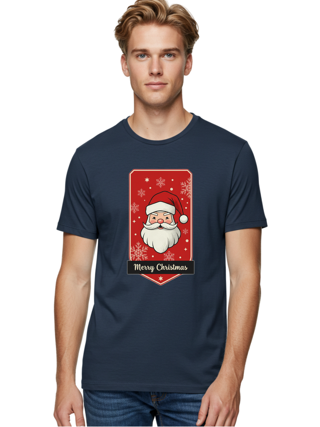 Merry-Christmas-Santa Men'S Graphic Tee, 100% Cotton, Comfortable Casual Summer Wear, Machine Washable, Christmas Badge, Merry Christmas, Santa Claus, Festive Design, Holiday Greeting, Cartoon Santa, Red And White, Snowflakes, Bac187