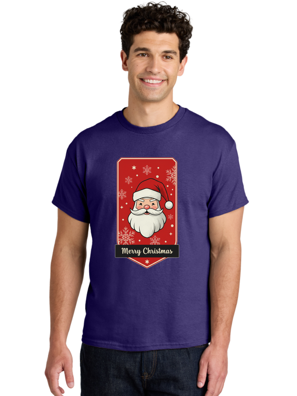 Merry-Christmas-Santa Men'S Graphic Tee, 100% Cotton, Comfortable Casual Summer Wear, Machine Washable, Christmas Badge, Merry Christmas, Santa Claus, Festive Design, Holiday Greeting, Cartoon Santa, Red And White, Snowflakes, Bac187