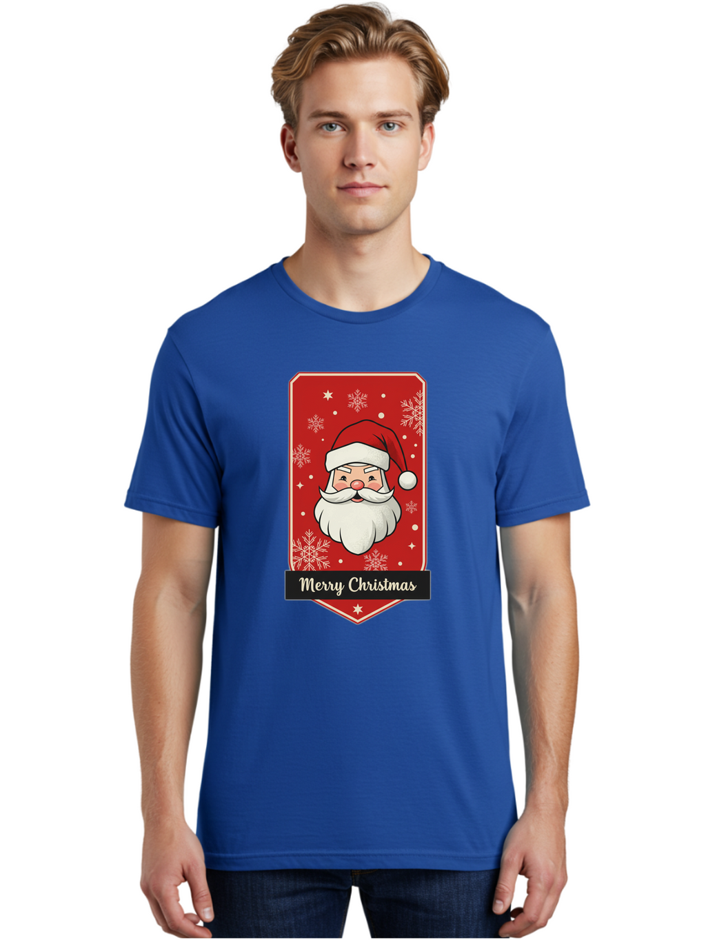 Merry-Christmas-Santa Men'S Graphic Tee, 100% Cotton, Comfortable Casual Summer Wear, Machine Washable, Christmas Badge, Merry Christmas, Santa Claus, Festive Design, Holiday Greeting, Cartoon Santa, Red And White, Snowflakes, Bac187