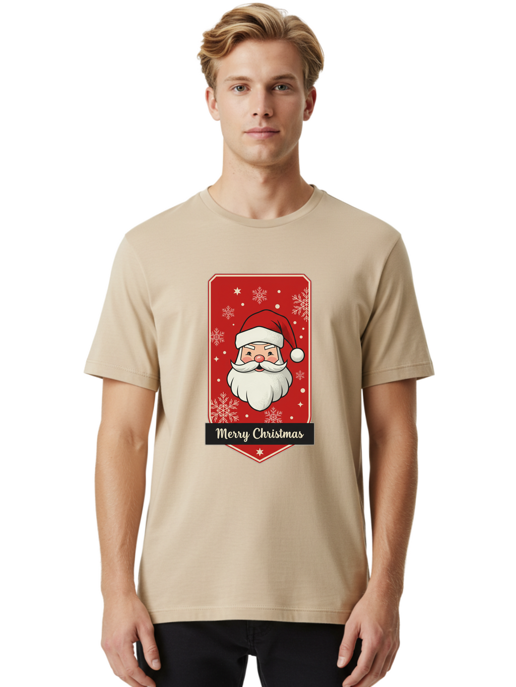 Merry-Christmas-Santa Men'S Graphic Tee, 100% Cotton, Comfortable Casual Summer Wear, Machine Washable, Christmas Badge, Merry Christmas, Santa Claus, Festive Design, Holiday Greeting, Cartoon Santa, Red And White, Snowflakes, Bac187