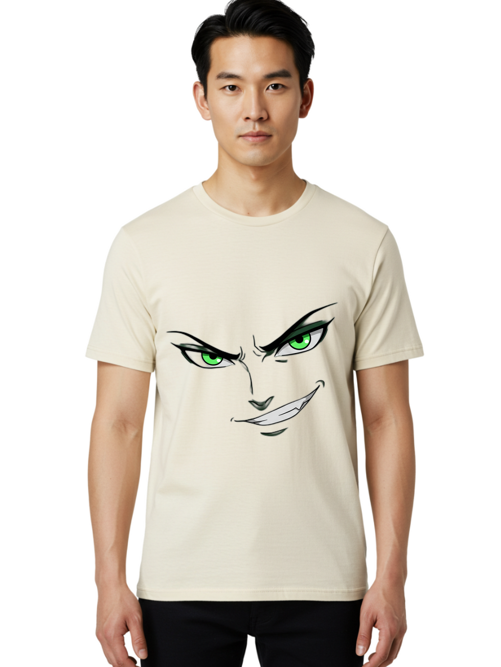 Mischievous-Face Men'S Graphic Tee, 100% Cotton, Comfortable Casual Summer Wear, Machine Washable, Cartoon Joker Face, Evil Grin, Menacing Stare, Green Eyes, Black Eyeliner, Comic Book Style, Villainous Character, Sinister Smile, Playful Tone, Bac189