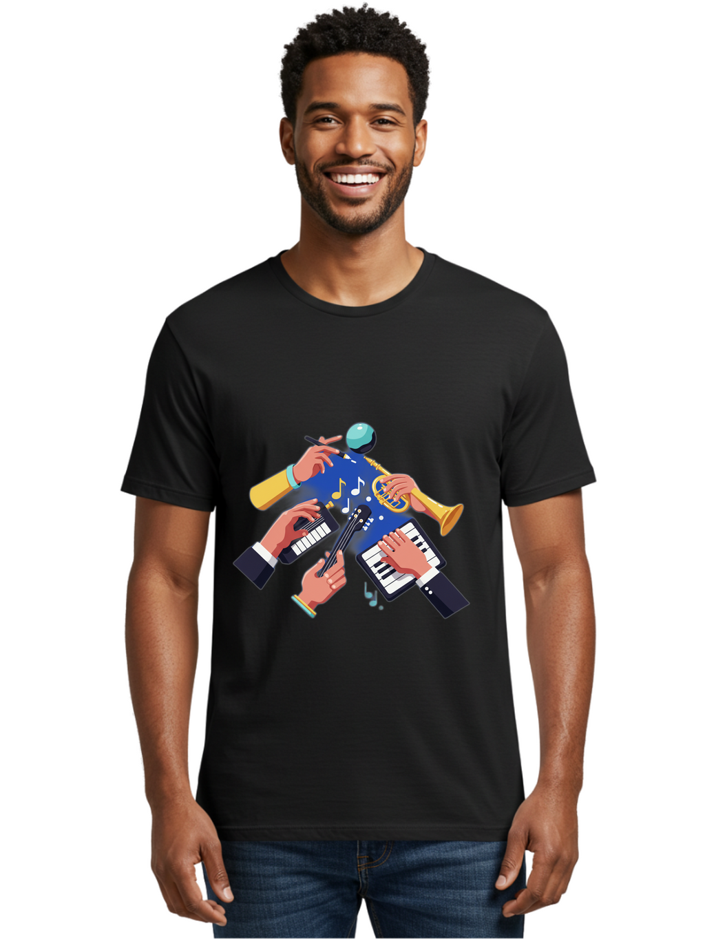 Music-Maestro Men'S Graphic Tee, 100% Cotton, Comfortable Casual Summer Wear, Machine Washable, Musical Man, Multiple Instruments, Creative Music, Diverse Instrumentation, Harmonious Sound, Innovative Art, Music Lover, Melodious Harmony, Bac190