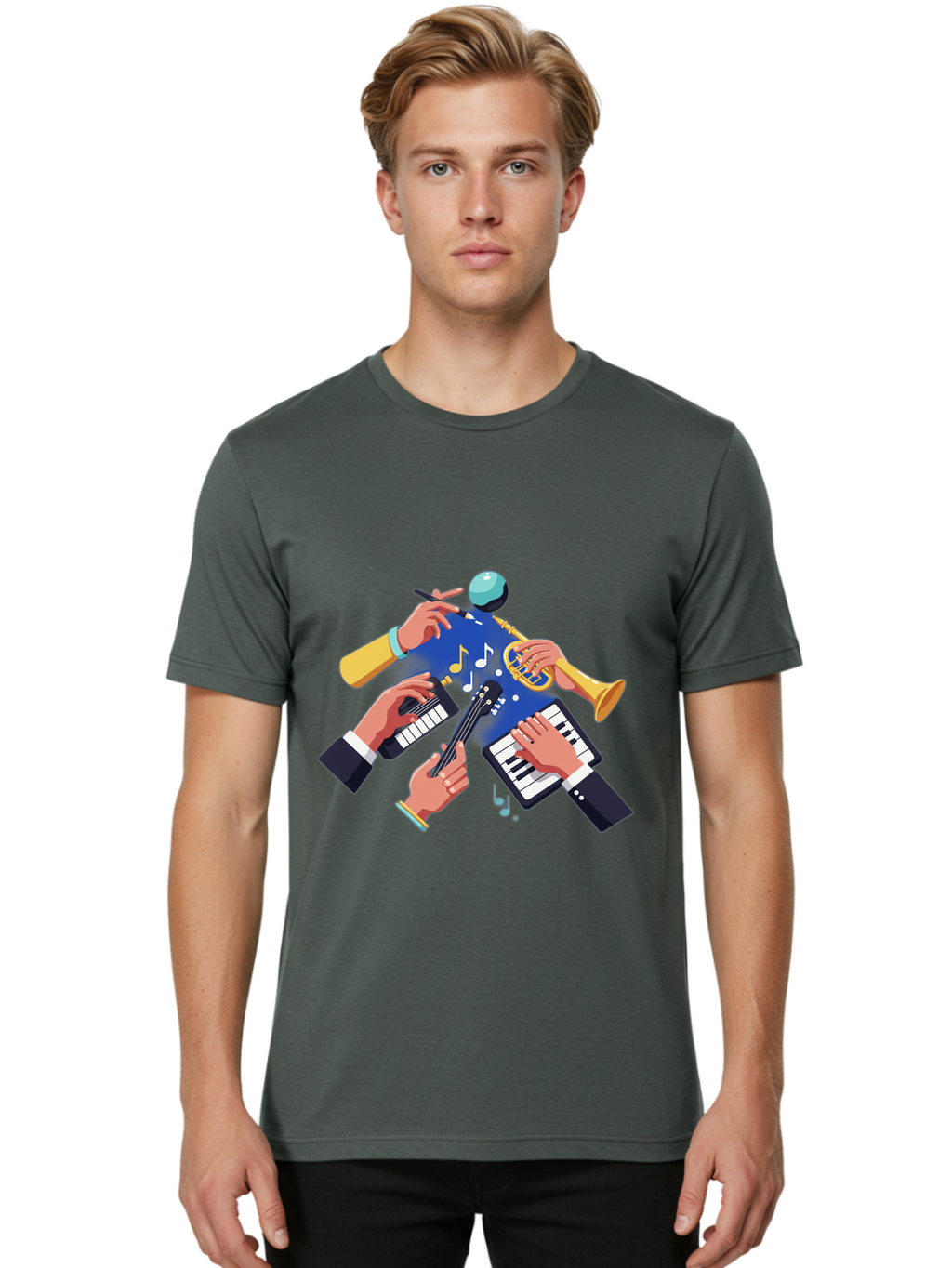 Music-Maestro Men'S Graphic Tee, 100% Cotton, Comfortable Casual Summer Wear, Machine Washable, Musical Man, Multiple Instruments, Creative Music, Diverse Instrumentation, Harmonious Sound, Innovative Art, Music Lover, Melodious Harmony, Bac190