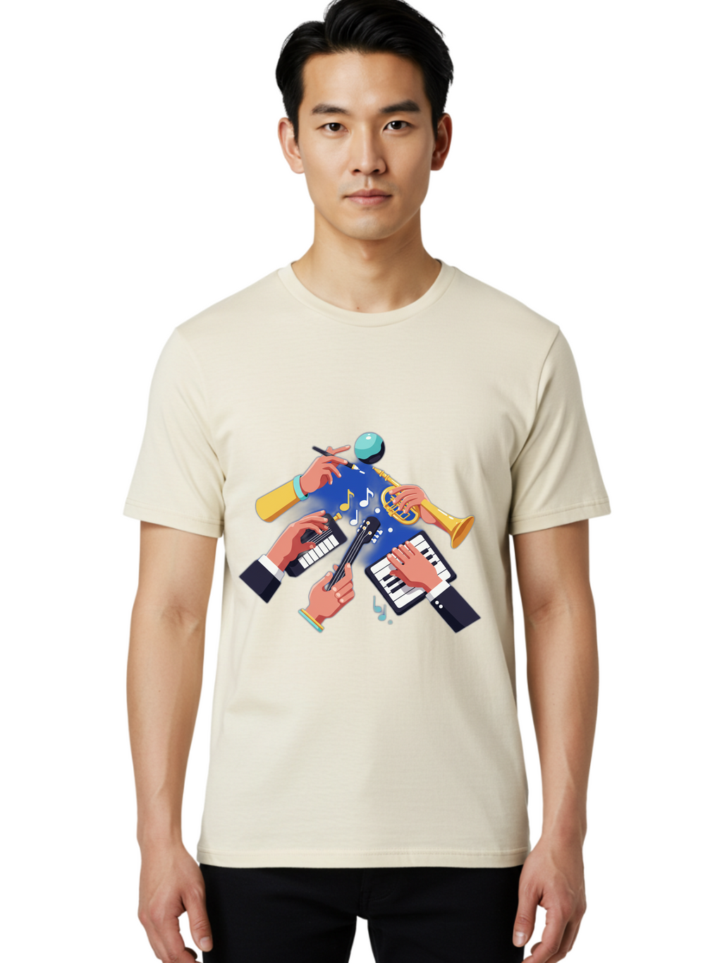 Music-Maestro Men'S Graphic Tee, 100% Cotton, Comfortable Casual Summer Wear, Machine Washable, Musical Man, Multiple Instruments, Creative Music, Diverse Instrumentation, Harmonious Sound, Innovative Art, Music Lover, Melodious Harmony, Bac190