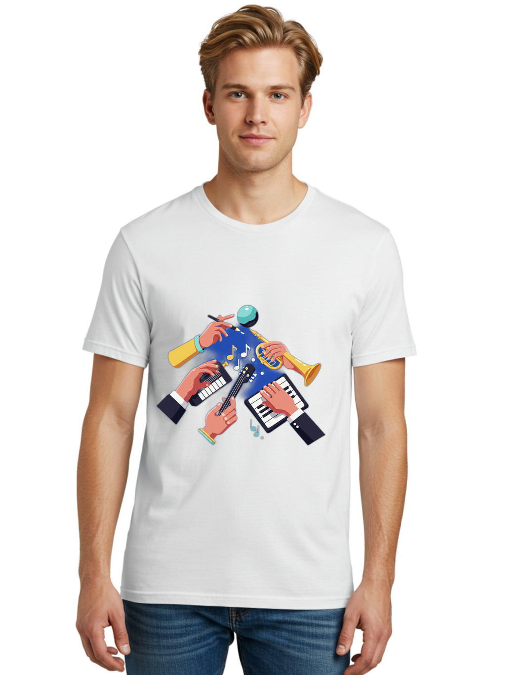 Music-Maestro Men'S Graphic Tee, 100% Cotton, Comfortable Casual Summer Wear, Machine Washable, Musical Man, Multiple Instruments, Creative Music, Diverse Instrumentation, Harmonious Sound, Innovative Art, Music Lover, Melodious Harmony, Bac190