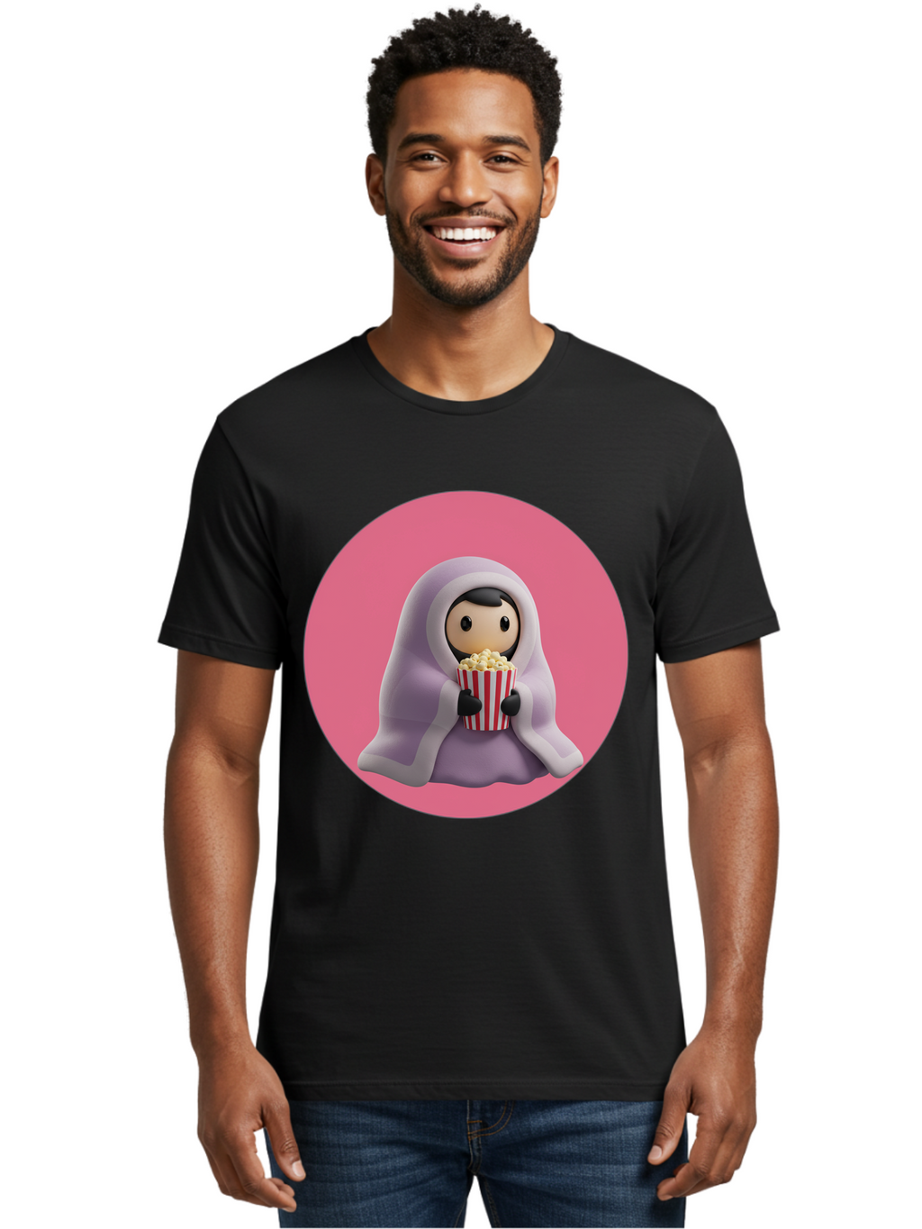 Muslim-Girl-Eating-Popcorn Men'S Graphic Tee, 100% Cotton, Comfortable Casual Summer Wear, Machine Washable, Muslim Girl Eating Popcorn, Cartoon Character, Purple Hijab, Red And White Striped Bucket, Funny Illustration, Kawaii Art, Bac192