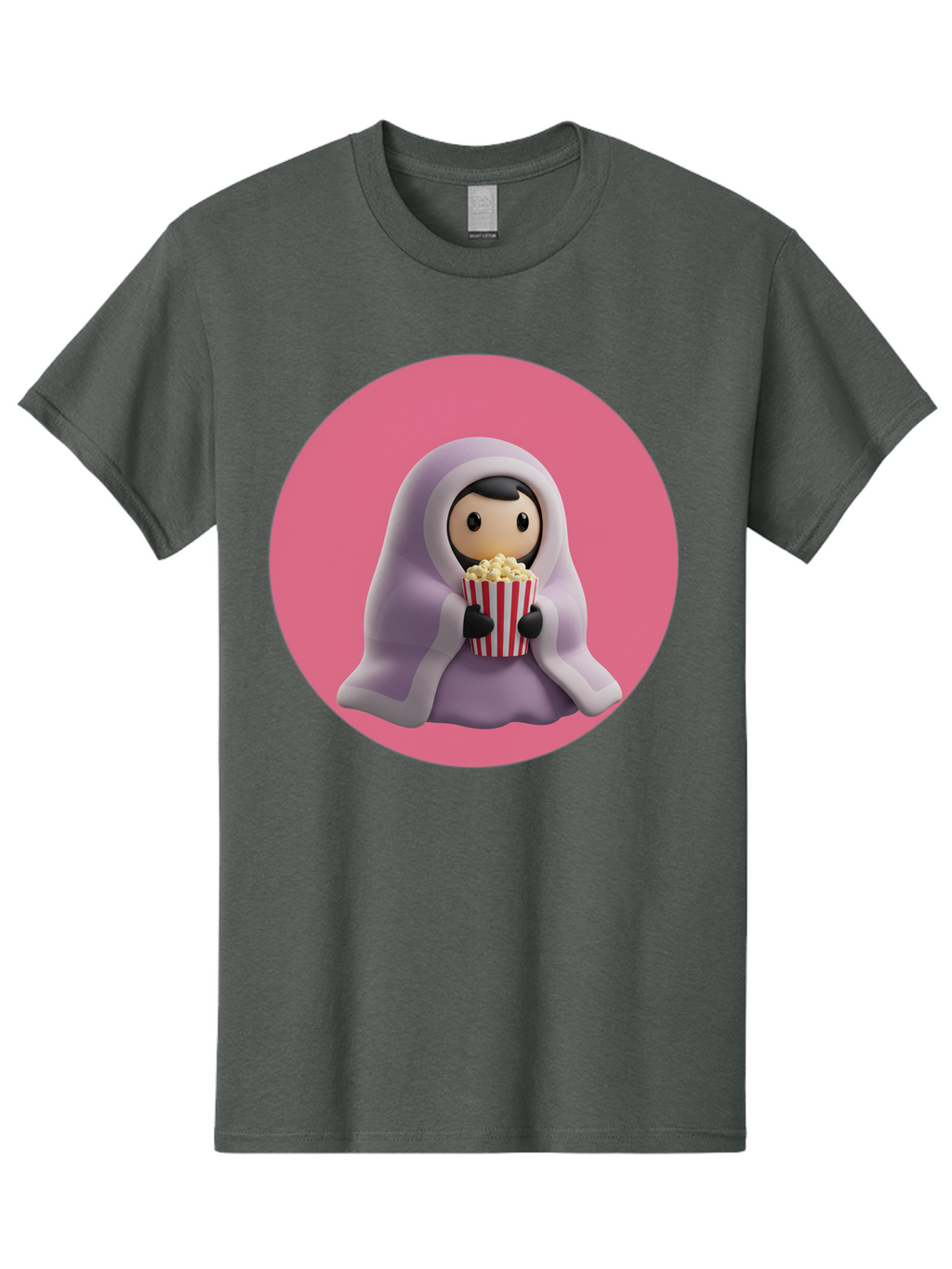 Muslim-Girl-Eating-Popcorn Men'S Graphic Tee, 100% Cotton, Comfortable Casual Summer Wear, Machine Washable, Muslim Girl Eating Popcorn, Cartoon Character, Purple Hijab, Red And White Striped Bucket, Funny Illustration, Kawaii Art, Bac192
