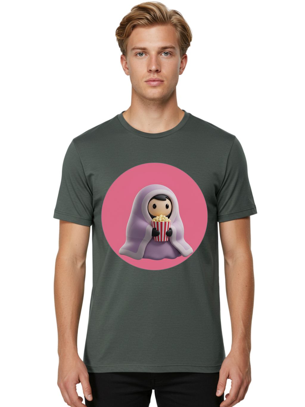 Muslim-Girl-Eating-Popcorn Men'S Graphic Tee, 100% Cotton, Comfortable Casual Summer Wear, Machine Washable, Muslim Girl Eating Popcorn, Cartoon Character, Purple Hijab, Red And White Striped Bucket, Funny Illustration, Kawaii Art, Bac192