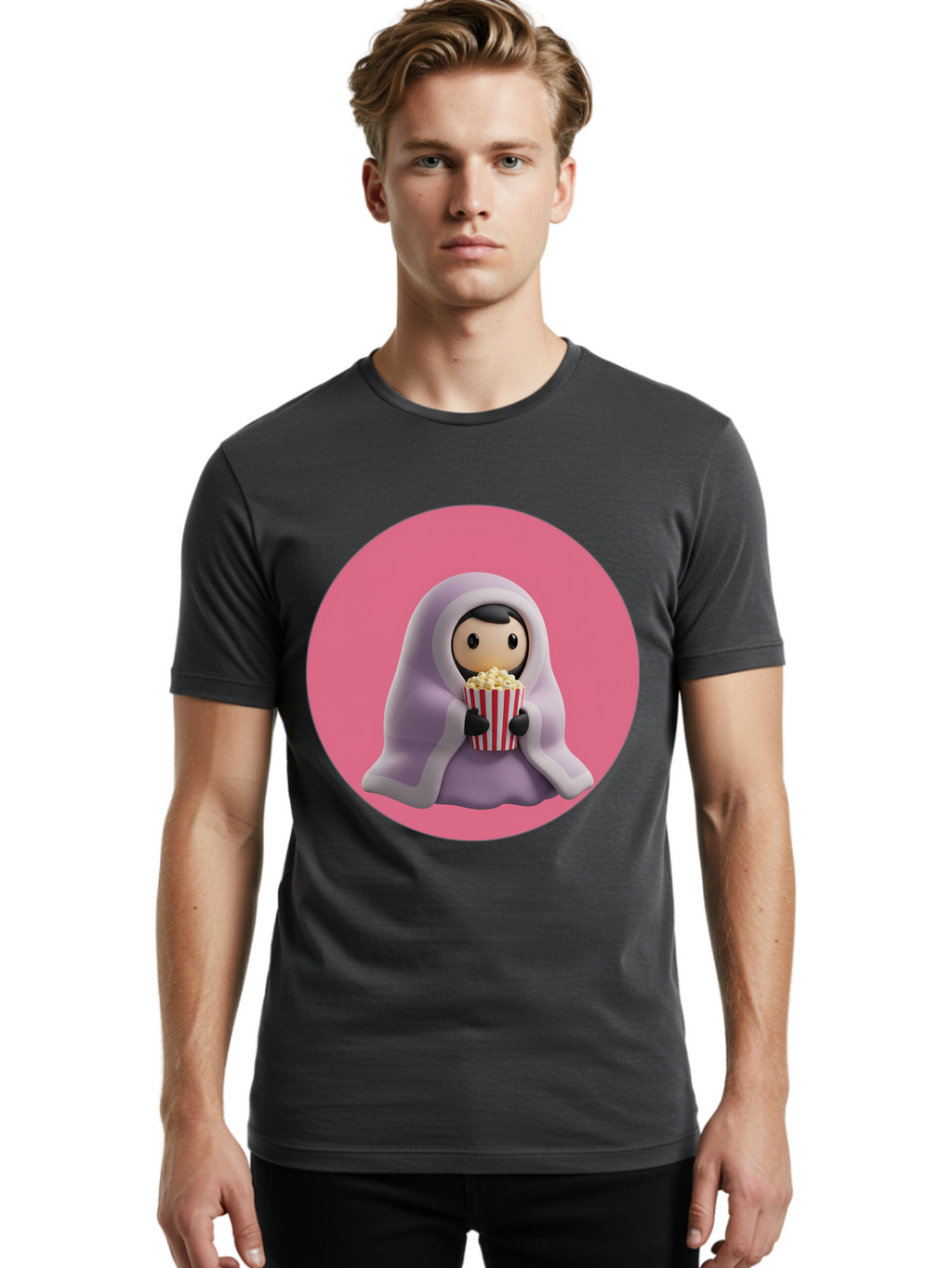 Muslim-Girl-Eating-Popcorn Men'S Graphic Tee, 100% Cotton, Comfortable Casual Summer Wear, Machine Washable, Muslim Girl Eating Popcorn, Cartoon Character, Purple Hijab, Red And White Striped Bucket, Funny Illustration, Kawaii Art, Bac192