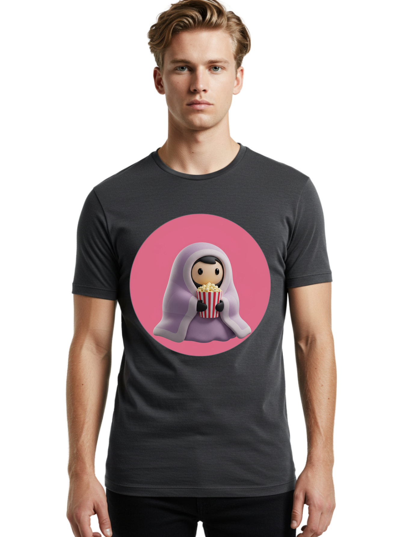 Muslim-Girl-Eating-Popcorn Men'S Graphic Tee, 100% Cotton, Comfortable Casual Summer Wear, Machine Washable, Muslim Girl Eating Popcorn, Cartoon Character, Purple Hijab, Red And White Striped Bucket, Funny Illustration, Kawaii Art, Bac192