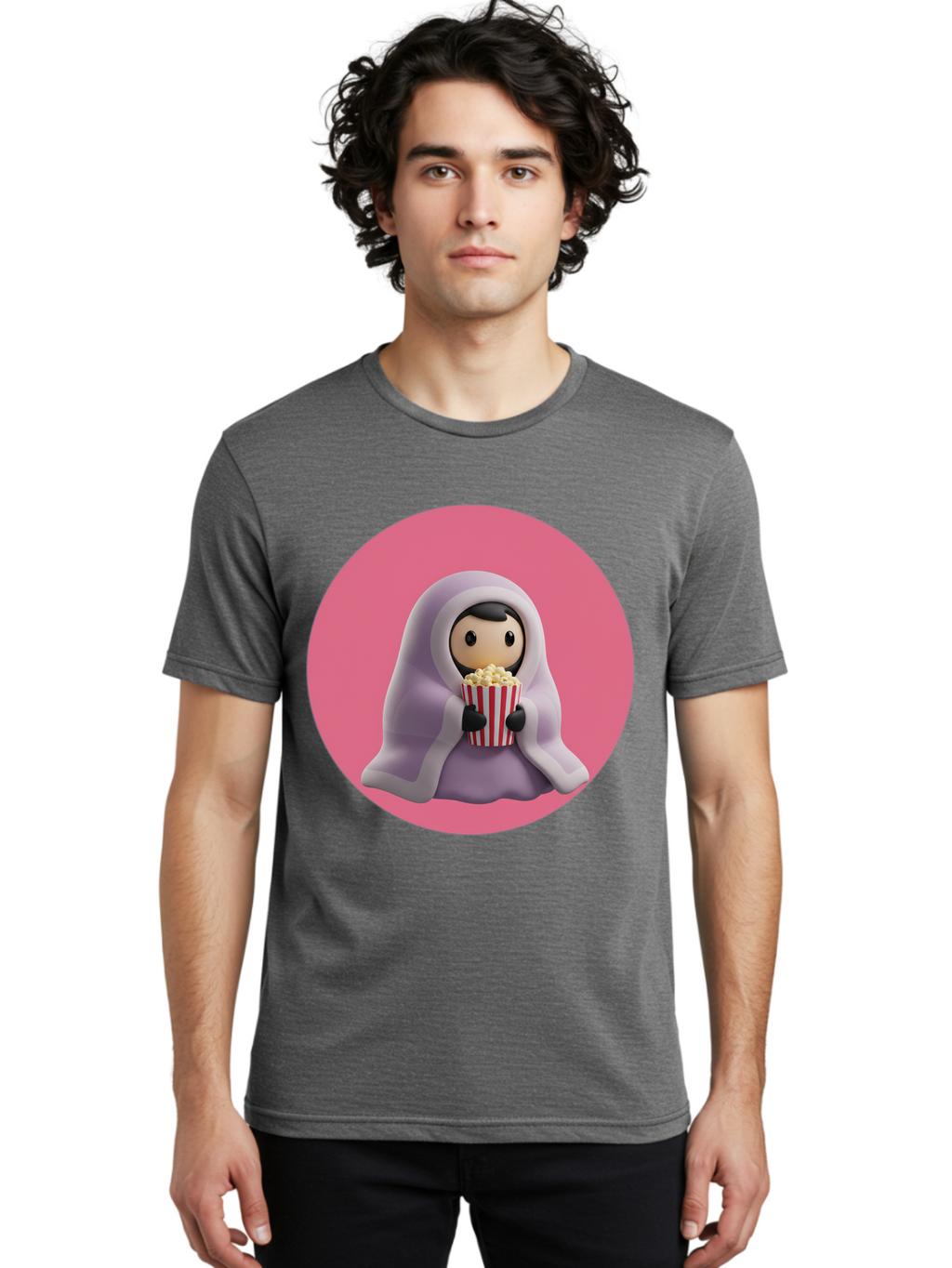 Muslim-Girl-Eating-Popcorn Men'S Graphic Tee, 100% Cotton, Comfortable Casual Summer Wear, Machine Washable, Muslim Girl Eating Popcorn, Cartoon Character, Purple Hijab, Red And White Striped Bucket, Funny Illustration, Kawaii Art, Bac192