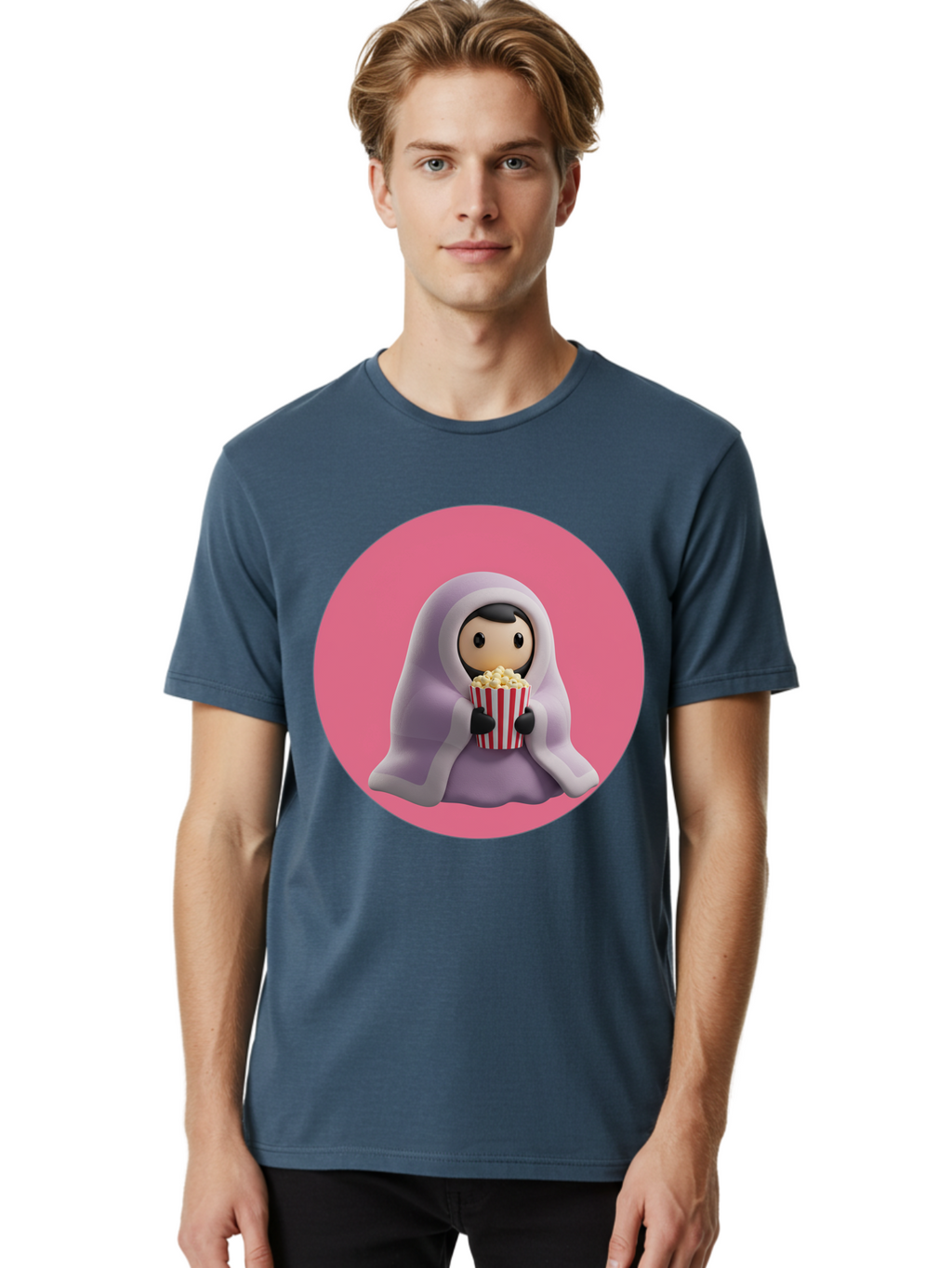 Muslim-Girl-Eating-Popcorn Men'S Graphic Tee, 100% Cotton, Comfortable Casual Summer Wear, Machine Washable, Muslim Girl Eating Popcorn, Cartoon Character, Purple Hijab, Red And White Striped Bucket, Funny Illustration, Kawaii Art, Bac192
