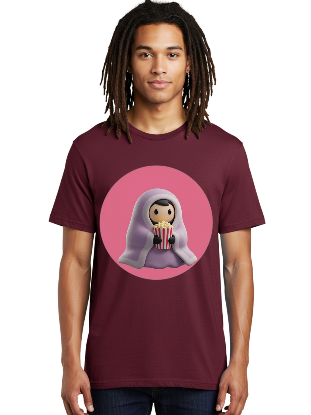 Muslim-Girl-Eating-Popcorn Men'S Graphic Tee, 100% Cotton, Comfortable Casual Summer Wear, Machine Washable, Muslim Girl Eating Popcorn, Cartoon Character, Purple Hijab, Red And White Striped Bucket, Funny Illustration, Kawaii Art, Bac192