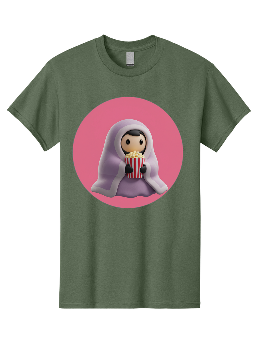 Muslim-Girl-Eating-Popcorn Men'S Graphic Tee, 100% Cotton, Comfortable Casual Summer Wear, Machine Washable, Muslim Girl Eating Popcorn, Cartoon Character, Purple Hijab, Red And White Striped Bucket, Funny Illustration, Kawaii Art, Bac192