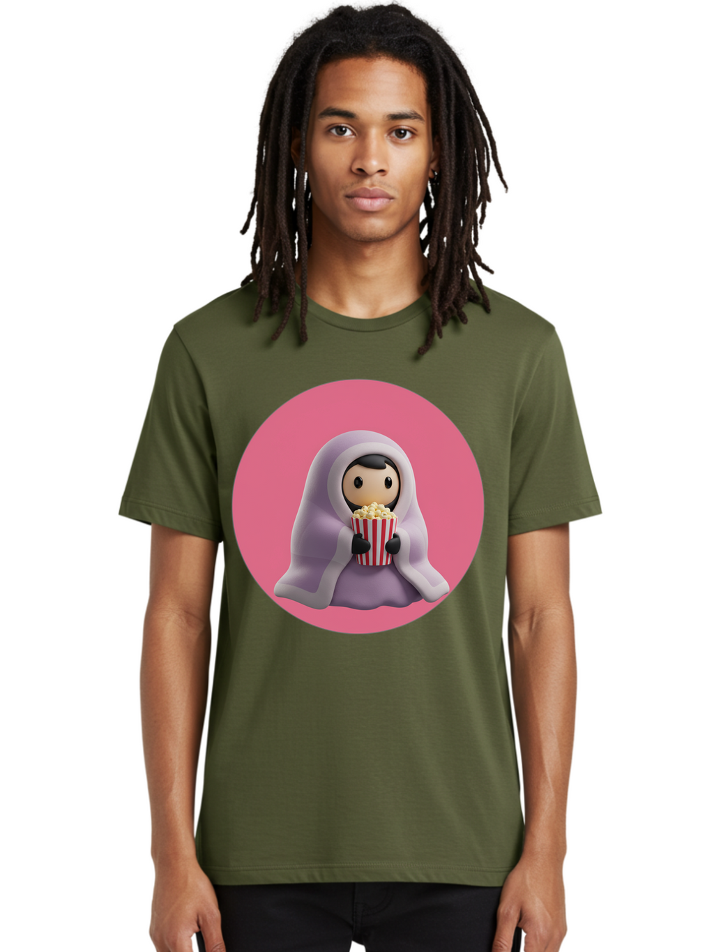 Muslim-Girl-Eating-Popcorn Men'S Graphic Tee, 100% Cotton, Comfortable Casual Summer Wear, Machine Washable, Muslim Girl Eating Popcorn, Cartoon Character, Purple Hijab, Red And White Striped Bucket, Funny Illustration, Kawaii Art, Bac192