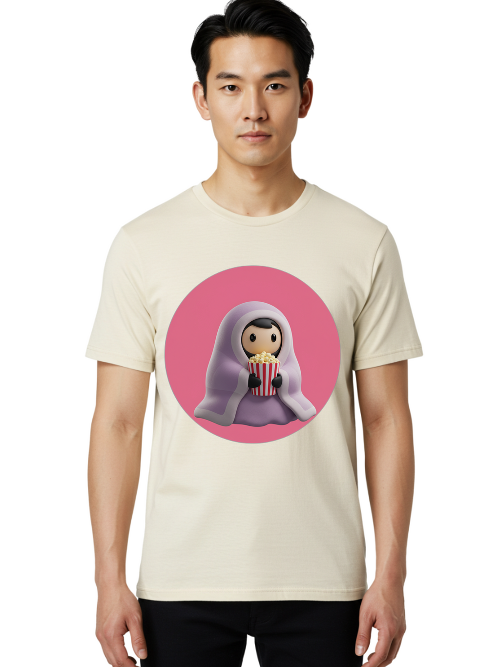 Muslim-Girl-Eating-Popcorn Men'S Graphic Tee, 100% Cotton, Comfortable Casual Summer Wear, Machine Washable, Muslim Girl Eating Popcorn, Cartoon Character, Purple Hijab, Red And White Striped Bucket, Funny Illustration, Kawaii Art, Bac192