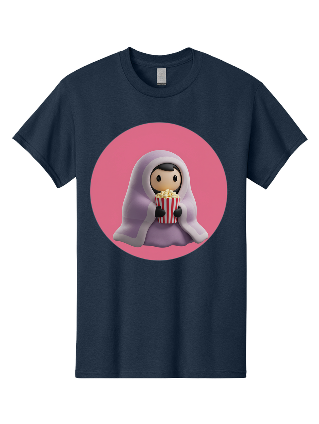 Muslim-Girl-Eating-Popcorn Men'S Graphic Tee, 100% Cotton, Comfortable Casual Summer Wear, Machine Washable, Muslim Girl Eating Popcorn, Cartoon Character, Purple Hijab, Red And White Striped Bucket, Funny Illustration, Kawaii Art, Bac192
