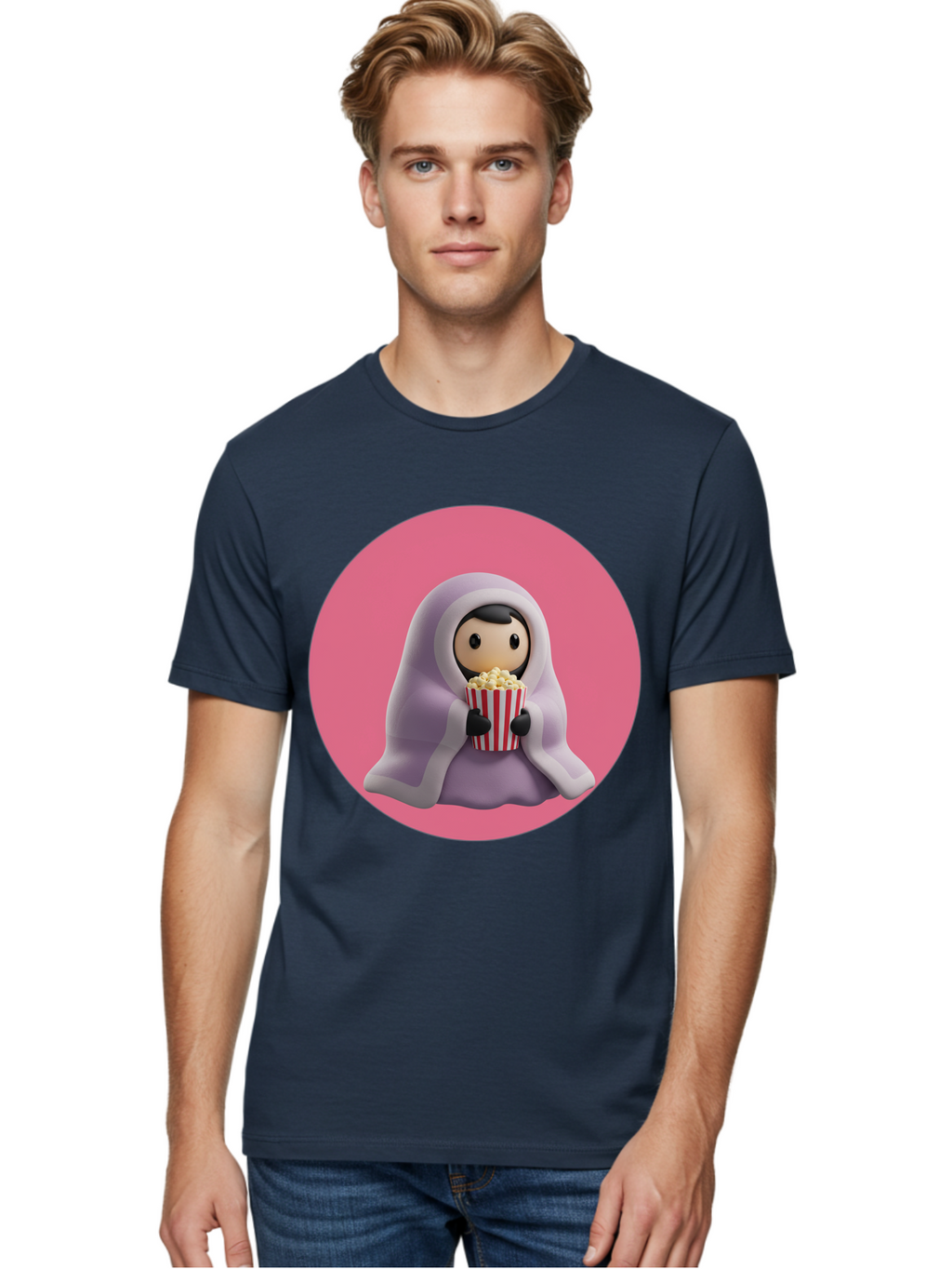 Muslim-Girl-Eating-Popcorn Men'S Graphic Tee, 100% Cotton, Comfortable Casual Summer Wear, Machine Washable, Muslim Girl Eating Popcorn, Cartoon Character, Purple Hijab, Red And White Striped Bucket, Funny Illustration, Kawaii Art, Bac192