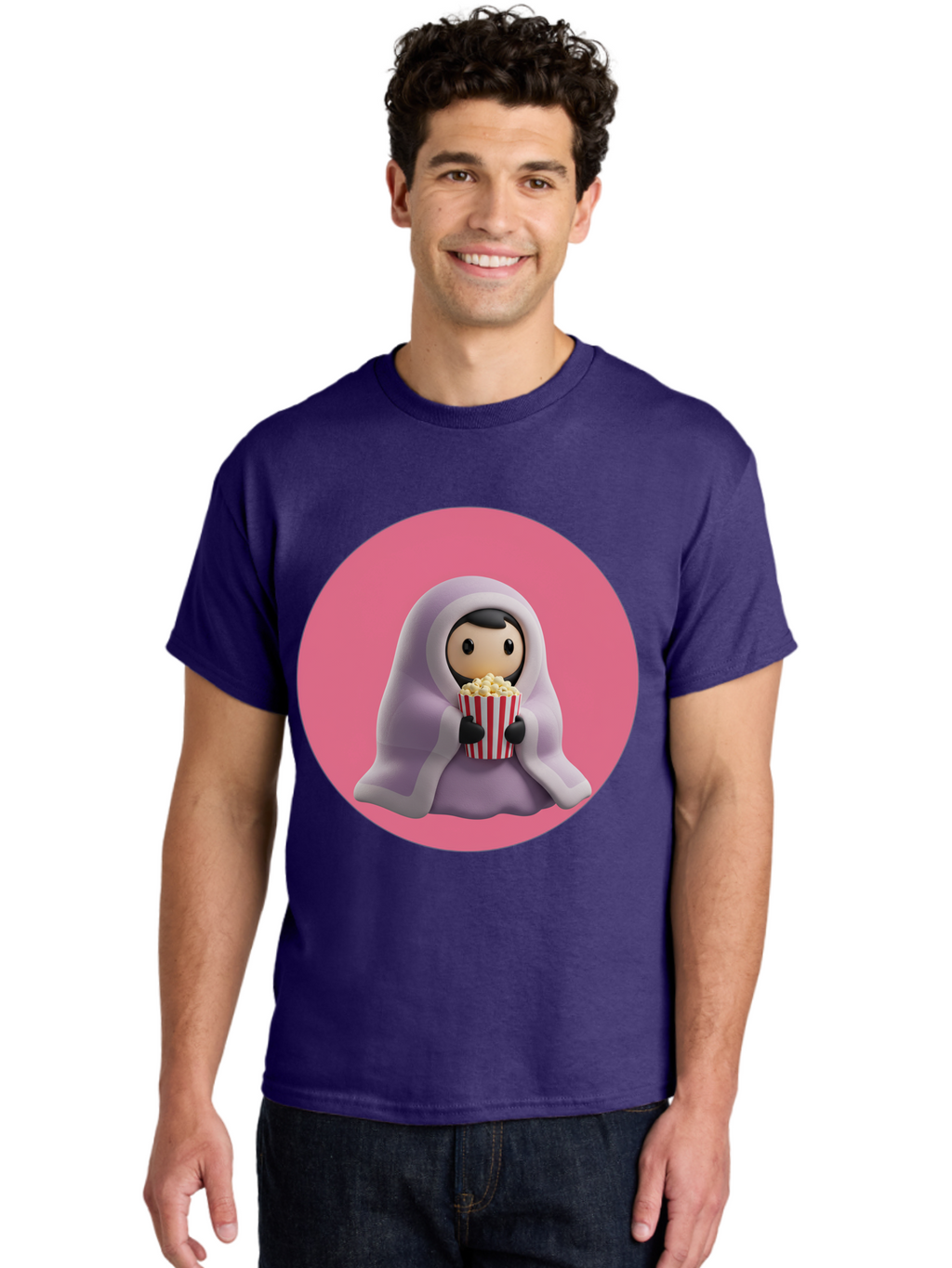 Muslim-Girl-Eating-Popcorn Men'S Graphic Tee, 100% Cotton, Comfortable Casual Summer Wear, Machine Washable, Muslim Girl Eating Popcorn, Cartoon Character, Purple Hijab, Red And White Striped Bucket, Funny Illustration, Kawaii Art, Bac192