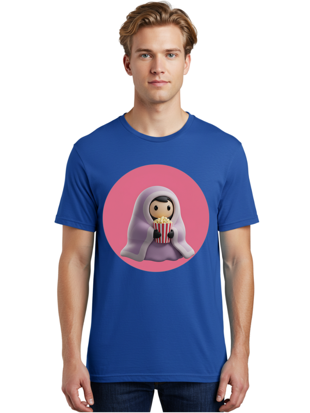 Muslim-Girl-Eating-Popcorn Men'S Graphic Tee, 100% Cotton, Comfortable Casual Summer Wear, Machine Washable, Muslim Girl Eating Popcorn, Cartoon Character, Purple Hijab, Red And White Striped Bucket, Funny Illustration, Kawaii Art, Bac192